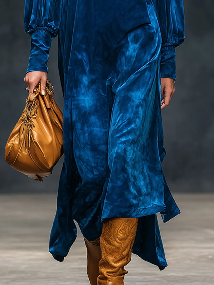 Elegant Retro High-neck Royal Blue Diamond Velvet Long-sleeved Maxi Dress sold by Oyrosy product image thumbnail 4