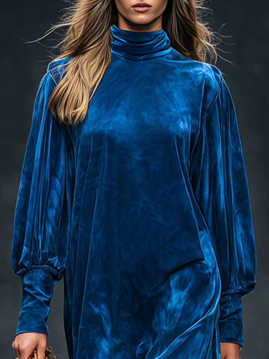 Elegant Retro High-neck Royal Blue Diamond Velvet Long-sleeved Maxi Dress sold by Oyrosy product image thumbnail 3