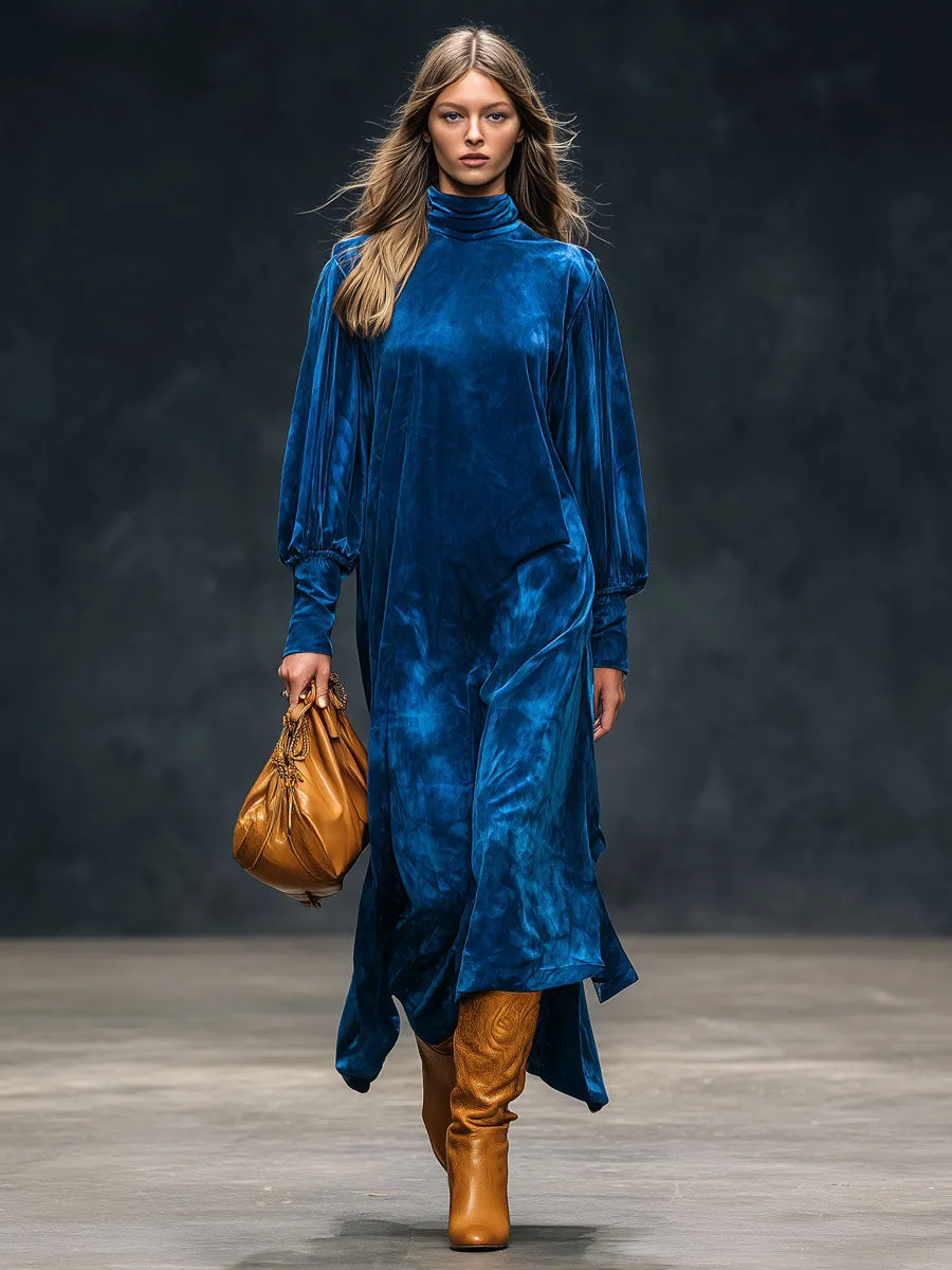 Elegant Retro High-neck Royal Blue Diamond Velvet Long-sleeved Maxi Dress sold by Oyrosy product image thumbnail 2