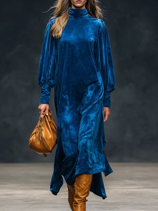 Elegant Retro High-neck Royal Blue Diamond Velvet Long-sleeved Maxi Dress sold by Oyrosy