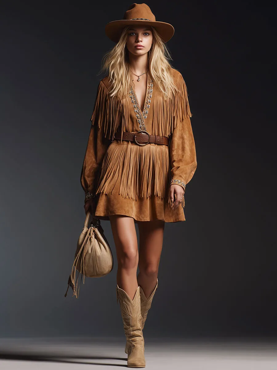 Western Retro Camel Faux Suede Tassel Long-Sleeved Mini Dress sold by Oyrosy product image thumbnail 2