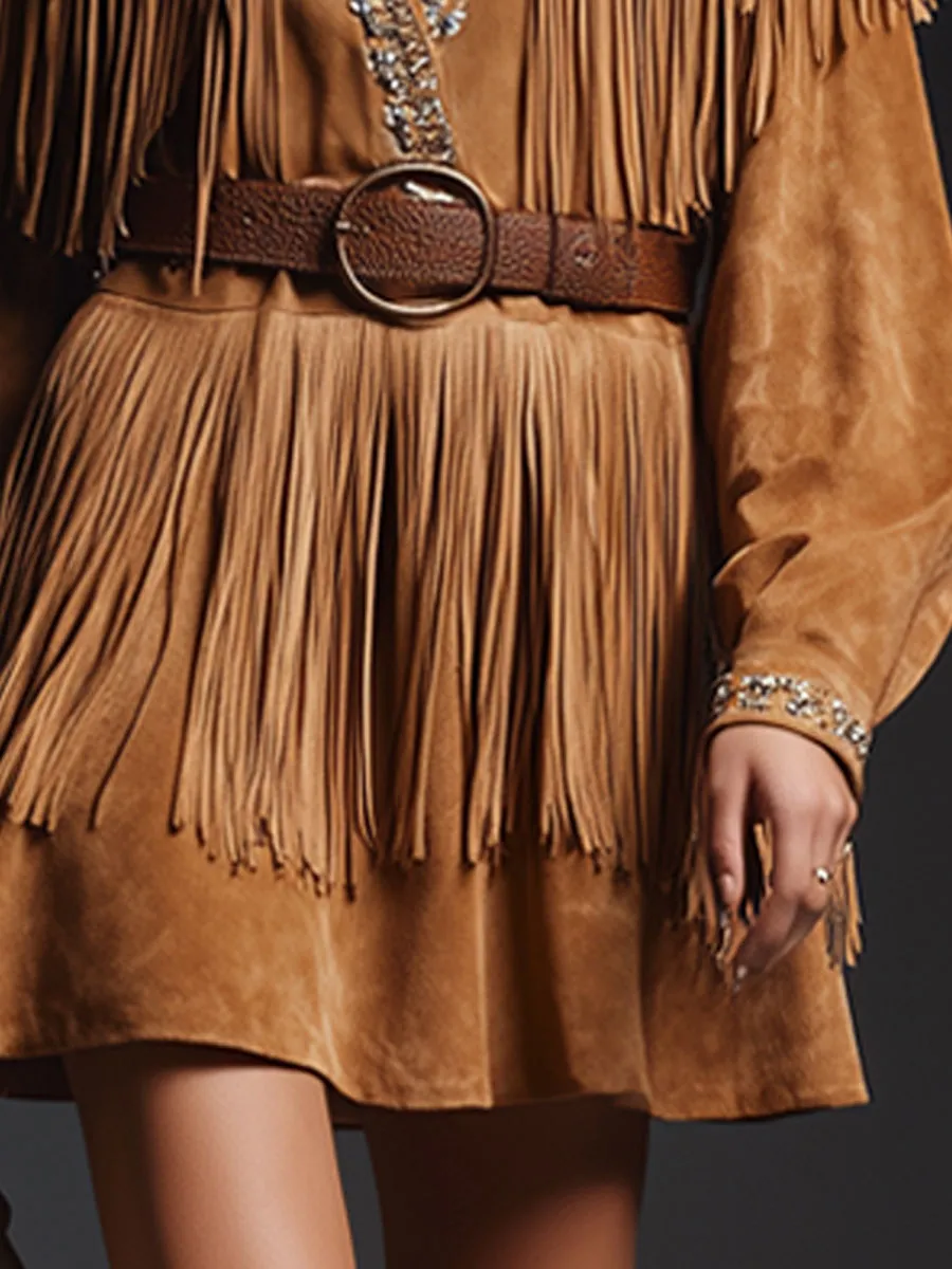 Western Retro Camel Faux Suede Tassel Long-Sleeved Mini Dress sold by Oyrosy product image thumbnail 4