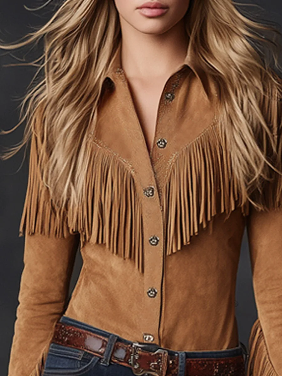 Western Retro Camel Faux Suede Tassel Long-Sleeved Shirt sold by Oyrosy product image thumbnail 3