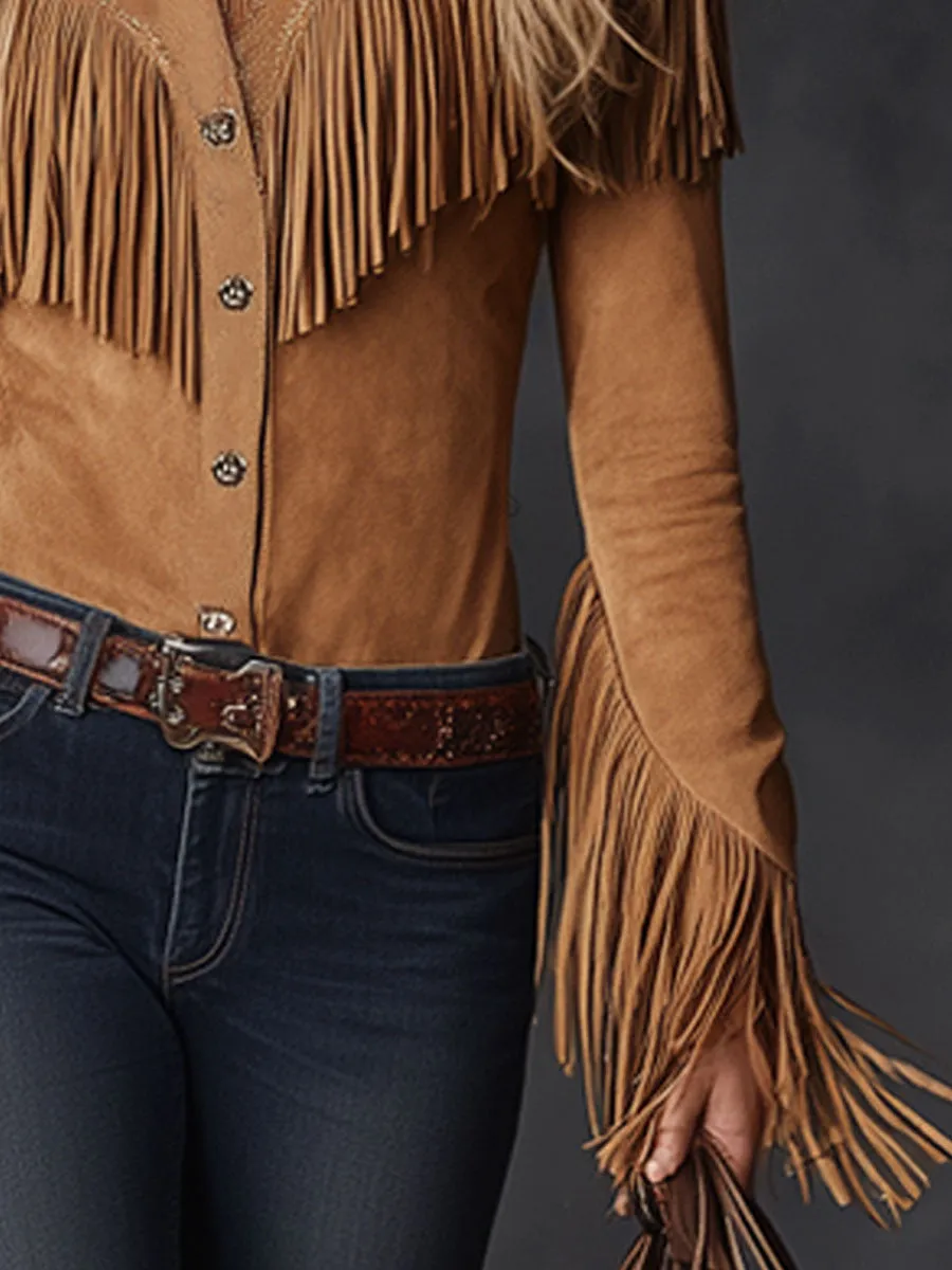 Western Retro Camel Faux Suede Tassel Long-Sleeved Shirt sold by Oyrosy product image thumbnail 4