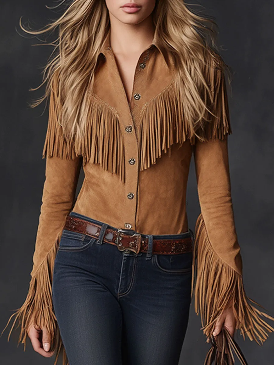 Western Retro Camel Faux Suede Tassel Long-Sleeved Shirt sold by Oyrosy