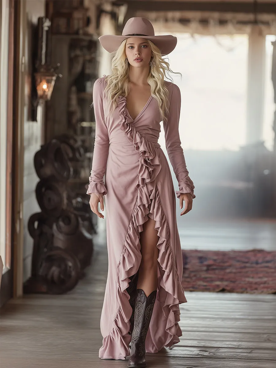 Stylish And Elegant Sporty Pink V-neck Ruffled Sweatshirt Maxi Dress sold by Oyrosy product image thumbnail 2