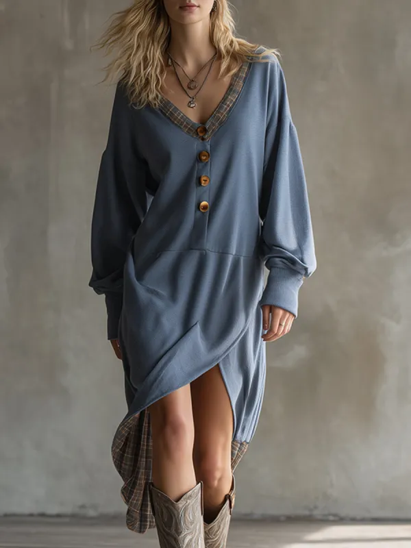 Casual Loose-fitting Plaid Trim Blue-grey Sweatshirt Midi Dress sold by Oyrosy