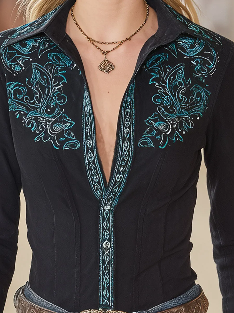 Western-style Black Faux Suede Collar Green Embroidered Shirt sold by Oyrosy product image thumbnail 4