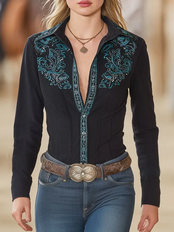 Western-style Black Faux Suede Collar Green Embroidered Shirt sold by Oyrosy