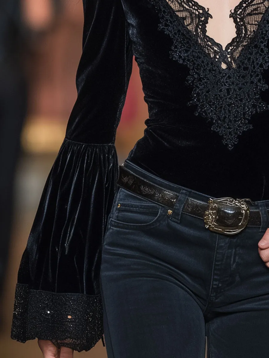 Western Black Velvet Patchwork Lace V-Neck Flared Sleeve Shirt sold by Oyrosy product image thumbnail 3