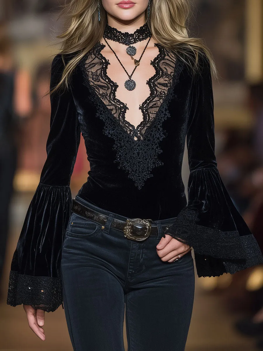 Western Black Velvet Patchwork Lace V-Neck Flared Sleeve Shirt sold by Oyrosy