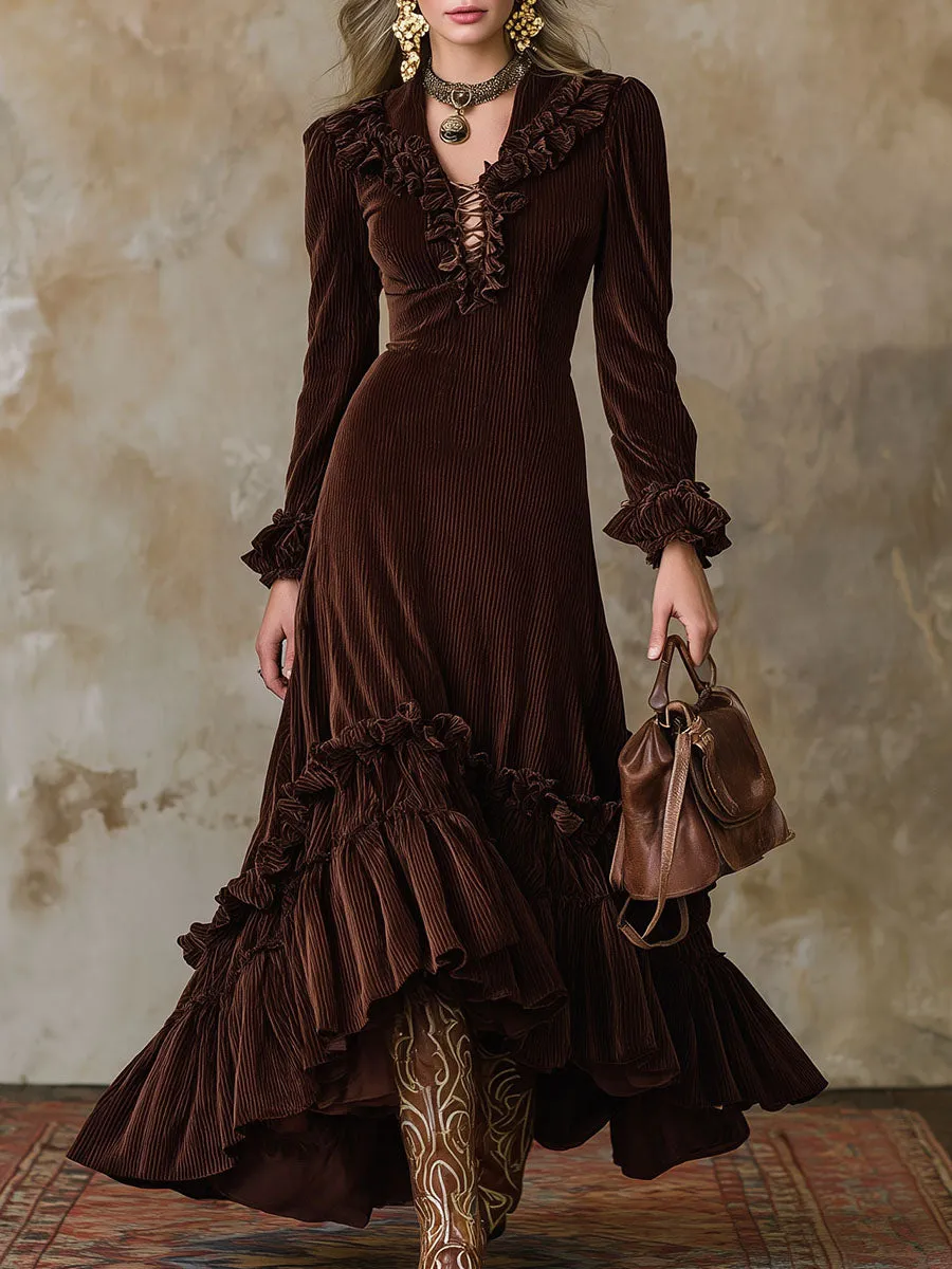 Western Brown Ruffled Corduroy Maxi Dress sold by Oyrosy