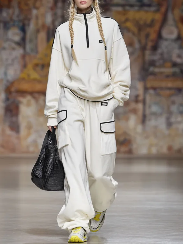 Loose-fitting Stand-up Collar Half-zip Sweatshirt And Wide-leg Pants Set sold by Oyrosy