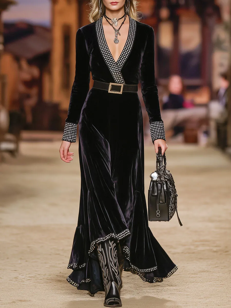 Stylish Black Velvet Patchwork Black And White Checkered Maxi Dress sold by Oyrosy