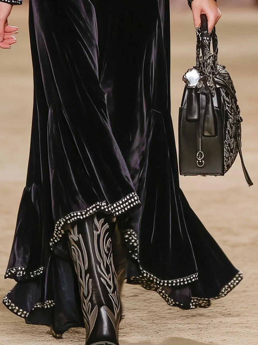 Stylish Black Velvet Patchwork Black And White Checkered Maxi Dress sold by Oyrosy product image thumbnail 3