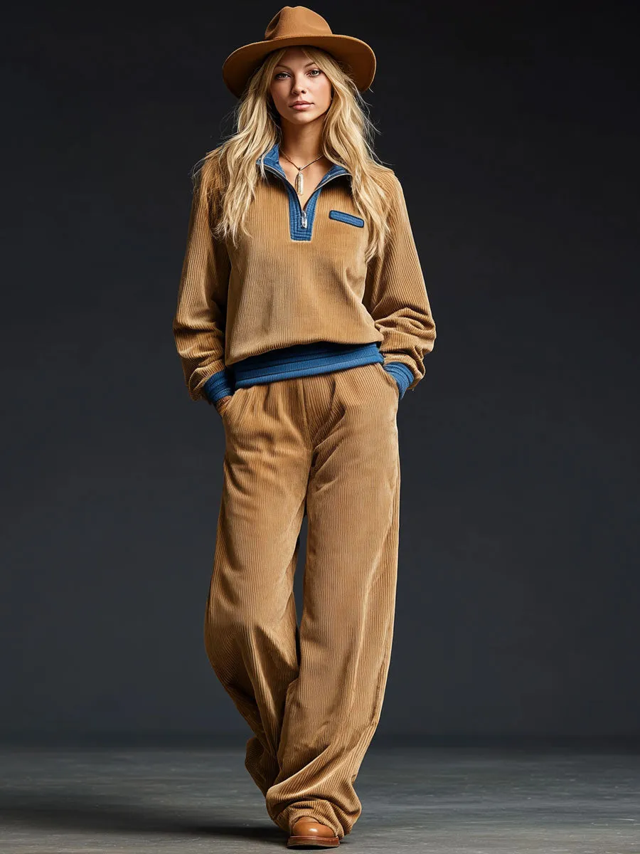 Casual Retro Corduroy Color Block Half-Zip Sweatshirt And Wide-Leg Pants Set sold by Oyrosy product image thumbnail 2