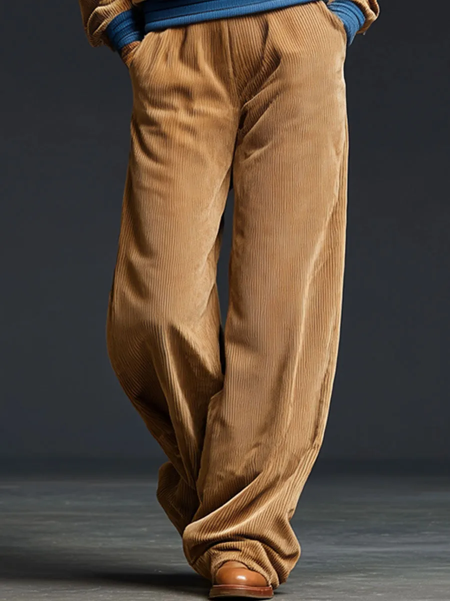 Casual Retro Corduroy Color Block Half-Zip Sweatshirt And Wide-Leg Pants Set sold by Oyrosy product image thumbnail 4