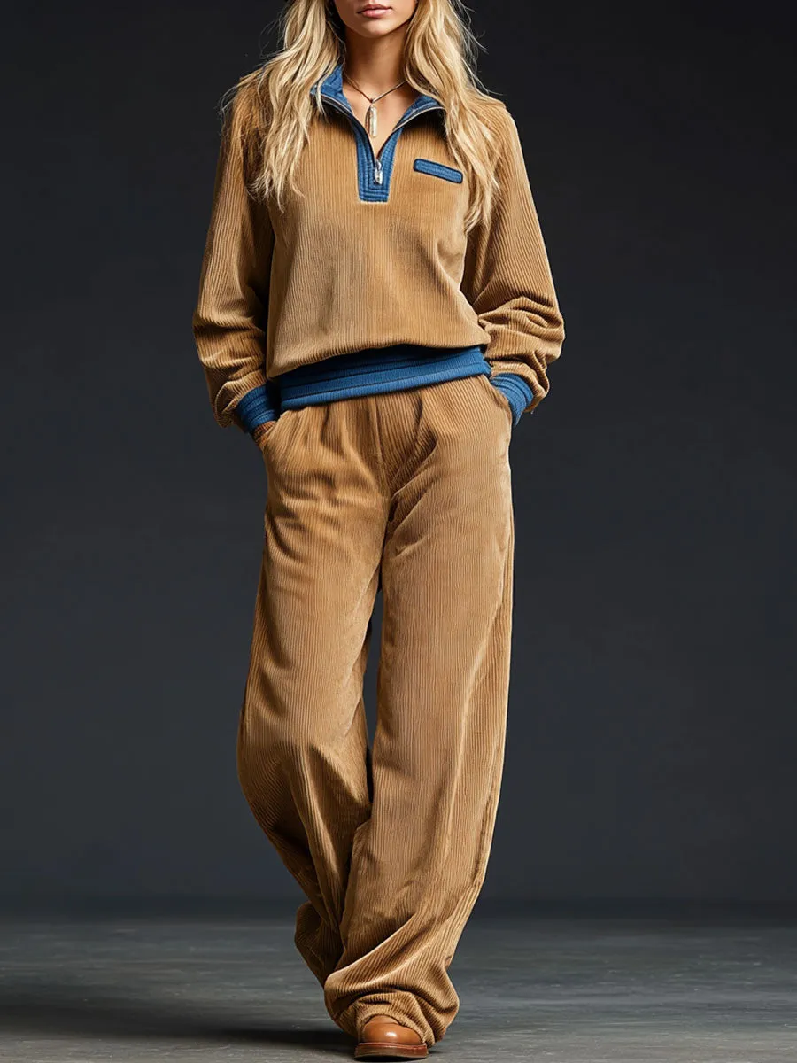 Casual Retro Corduroy Color Block Half-Zip Sweatshirt And Wide-Leg Pants Set sold by Oyrosy