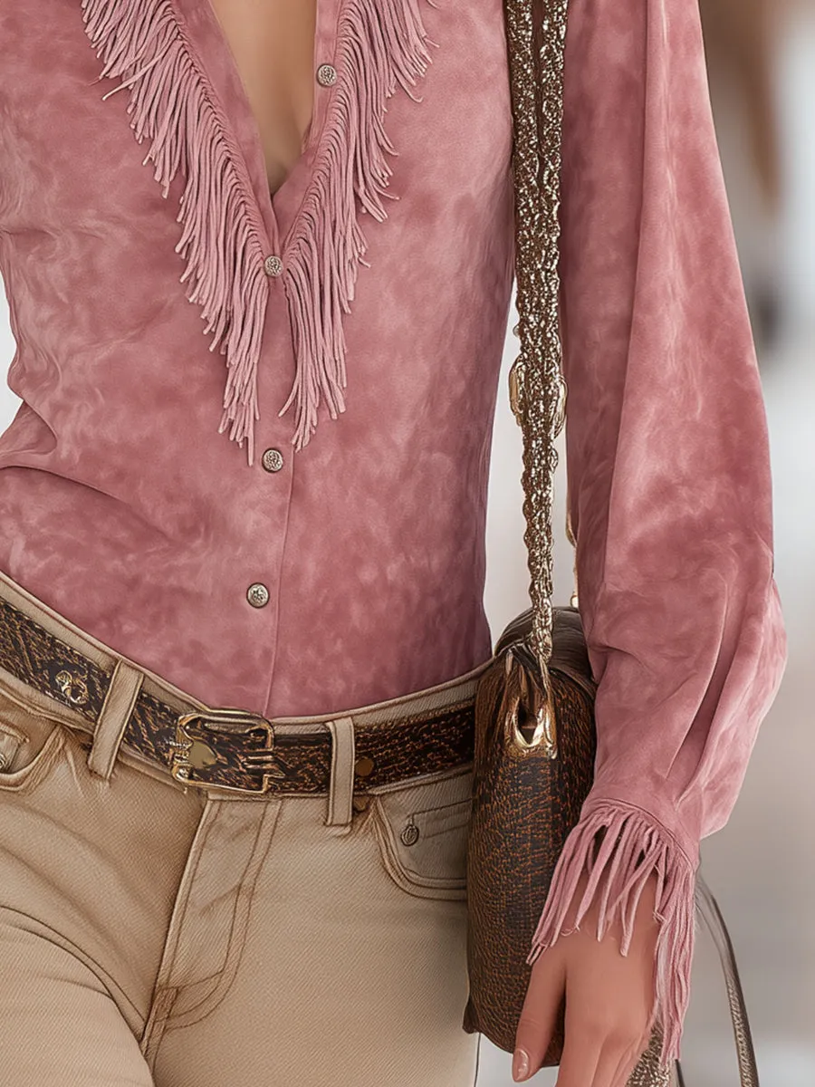 Retro-style Pink Faux Suede Tassel Shirt sold by Oyrosy product image thumbnail 4