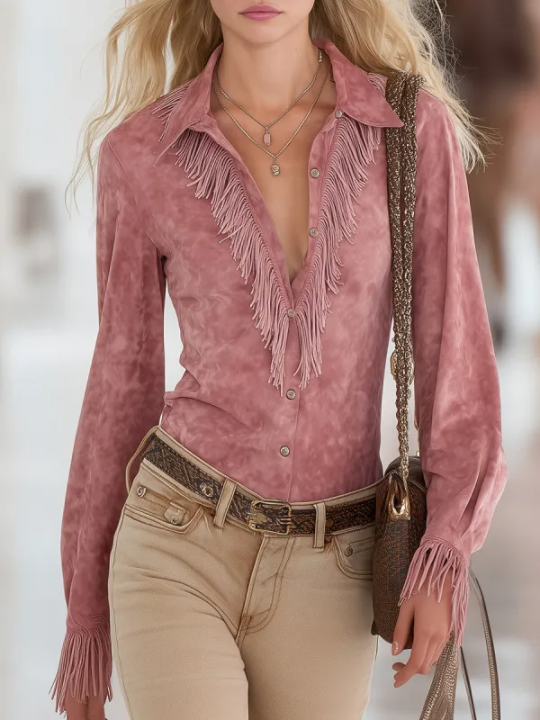 Retro-style Pink Faux Suede Tassel Shirt sold by Oyrosy