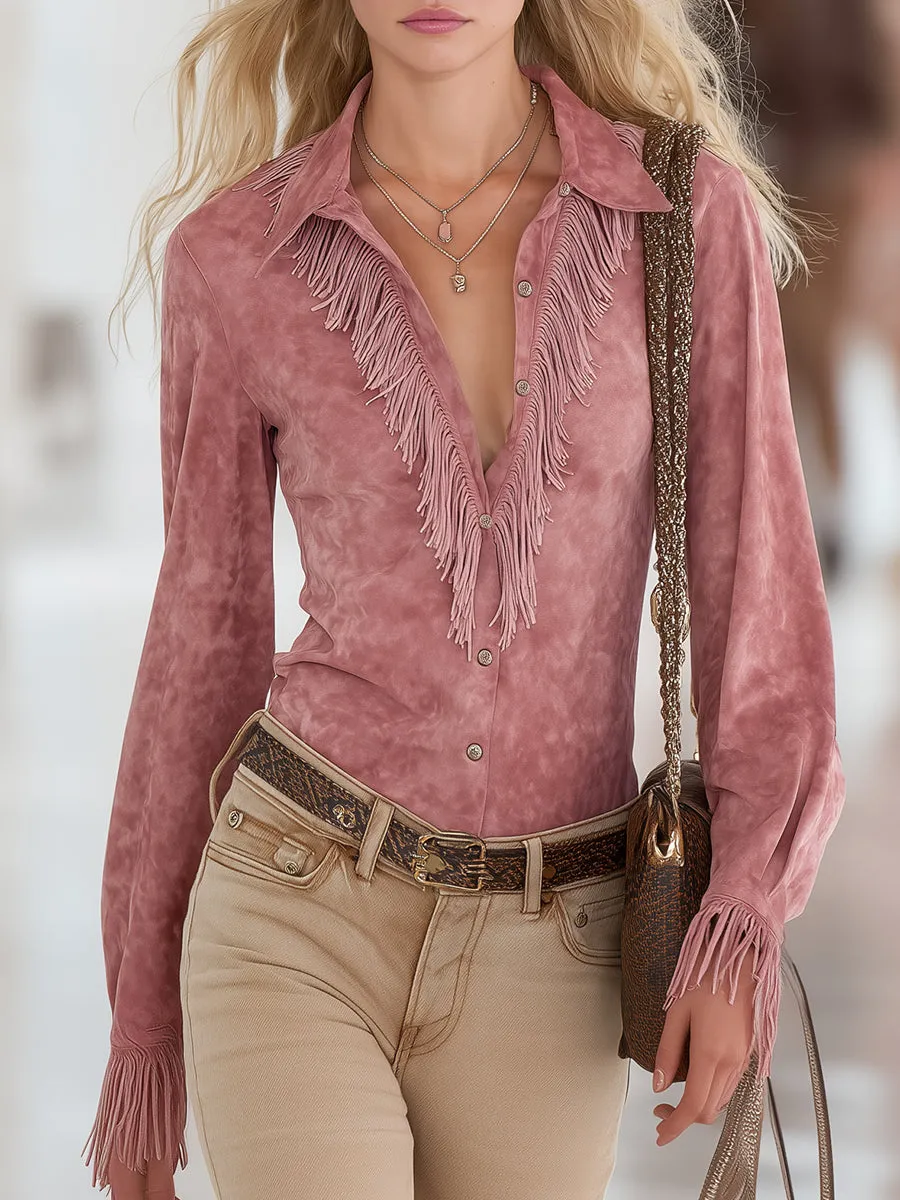 Retro-style Pink Faux Suede Tassel Shirt sold by Oyrosy