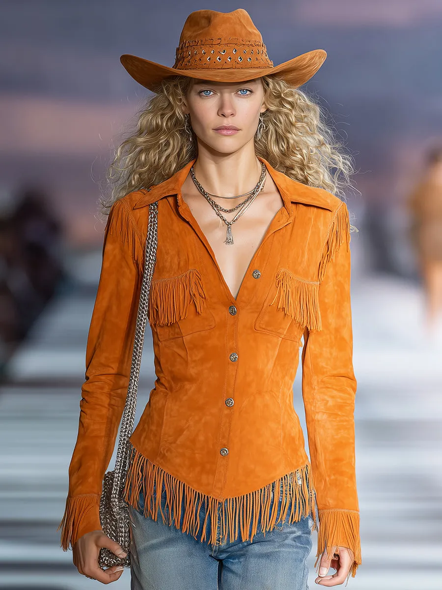 Retro-style Orange Faux Suede Tassel Shirt sold by Oyrosy product image thumbnail 2