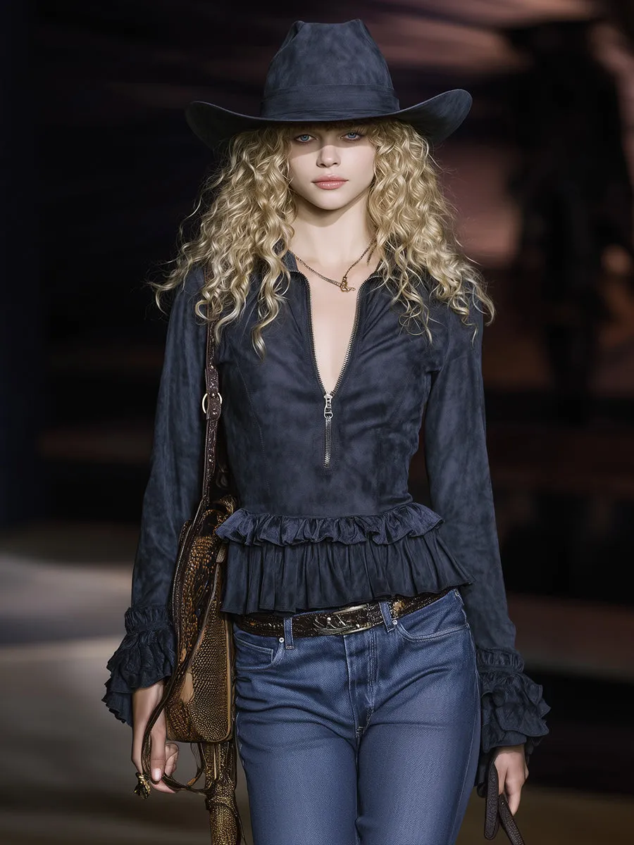 Retro-style Ruffles Navy Blue Faux Suede Shirt sold by Oyrosy product image thumbnail 2