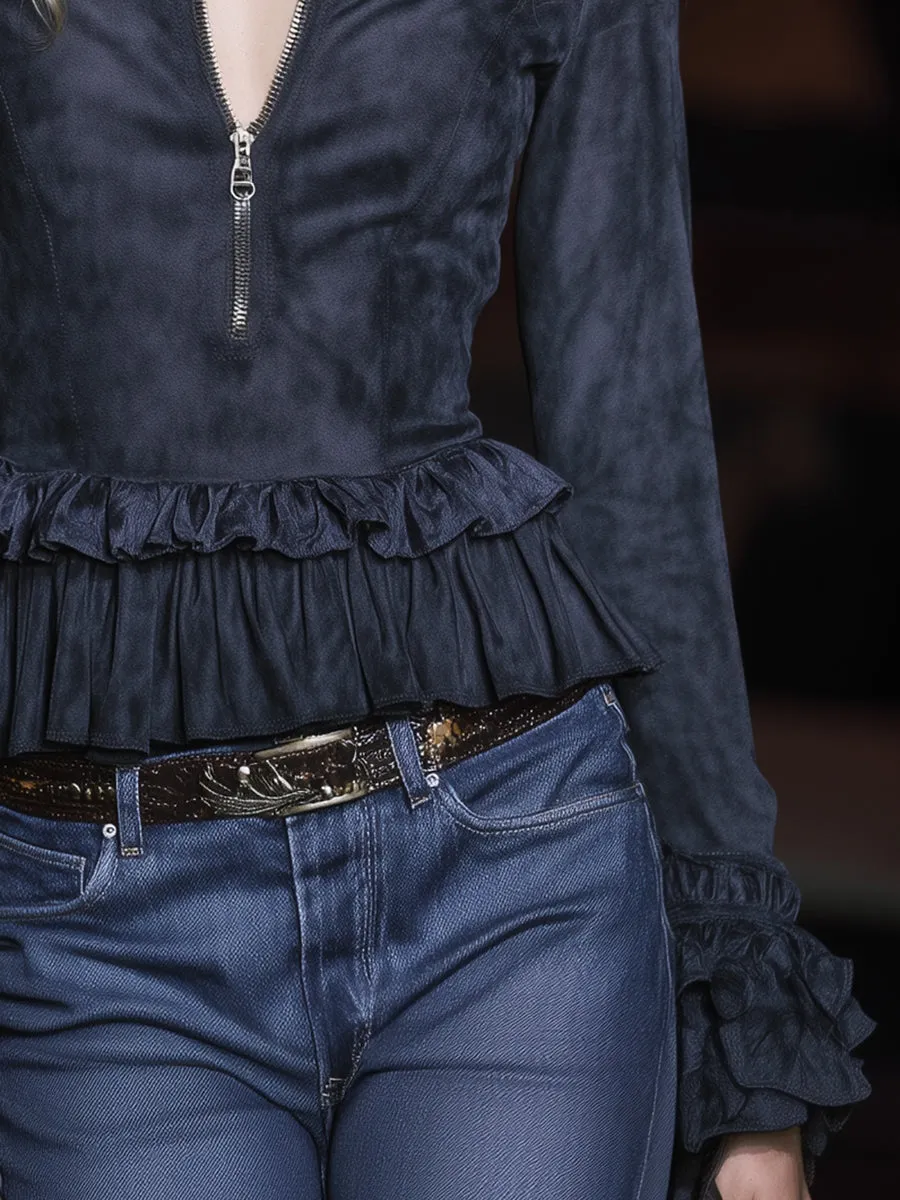 Retro-style Ruffles Navy Blue Faux Suede Shirt sold by Oyrosy product image thumbnail 4