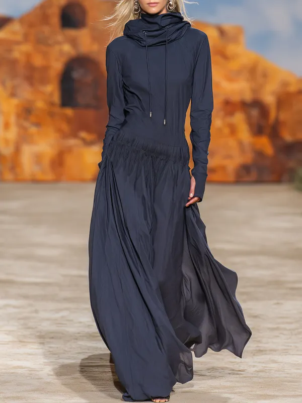 Casual Retro High-neck Dark Blue Hooded Sporty Maxi Dress sold by Oyrosy
