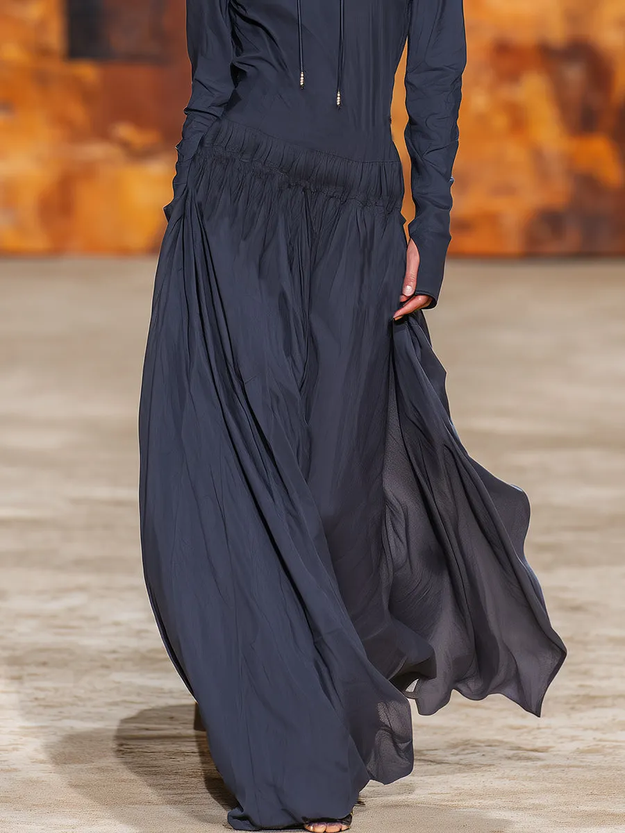 Casual Retro High-neck Dark Blue Hooded Sporty Maxi Dress sold by Oyrosy product image thumbnail 4