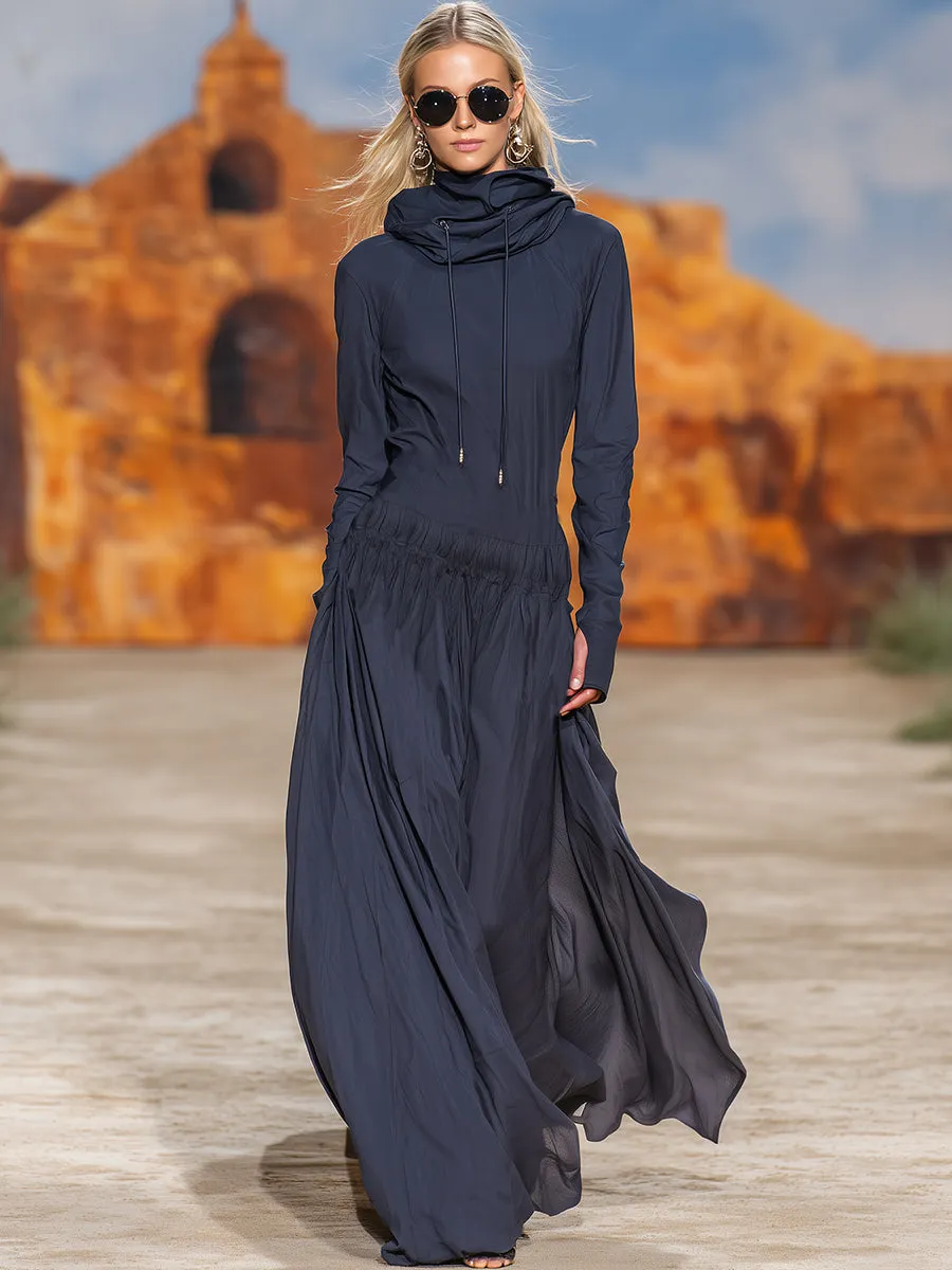 Casual Retro High-neck Dark Blue Hooded Sporty Maxi Dress sold by Oyrosy product image thumbnail 2