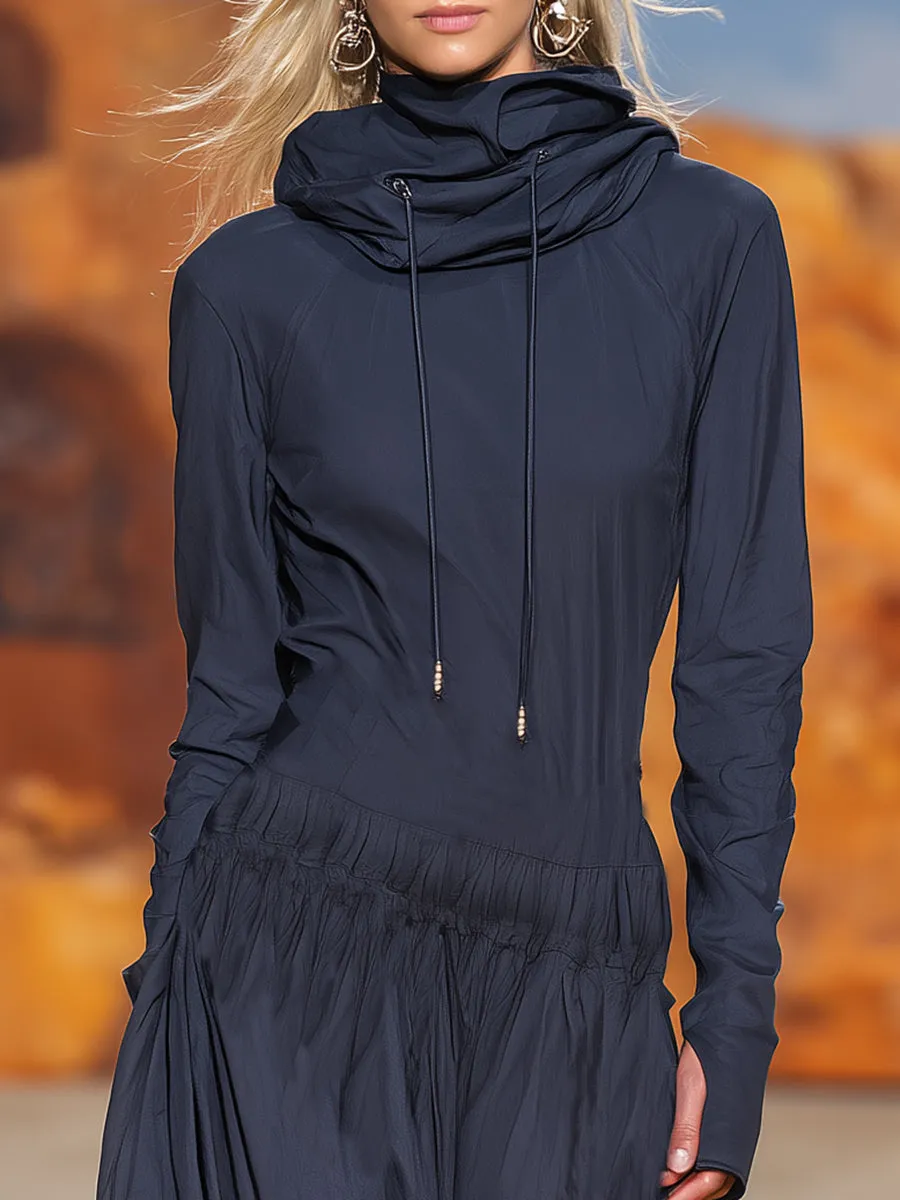 Casual Retro High-neck Dark Blue Hooded Sporty Maxi Dress sold by Oyrosy product image thumbnail 3