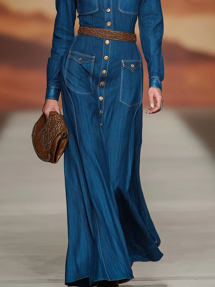 Retro-style Button-down Blue Denim Collar Maxi Dress sold by Oyrosy product image thumbnail 4
