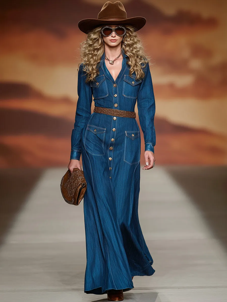 Retro-style Button-down Blue Denim Collar Maxi Dress sold by Oyrosy product image thumbnail 2