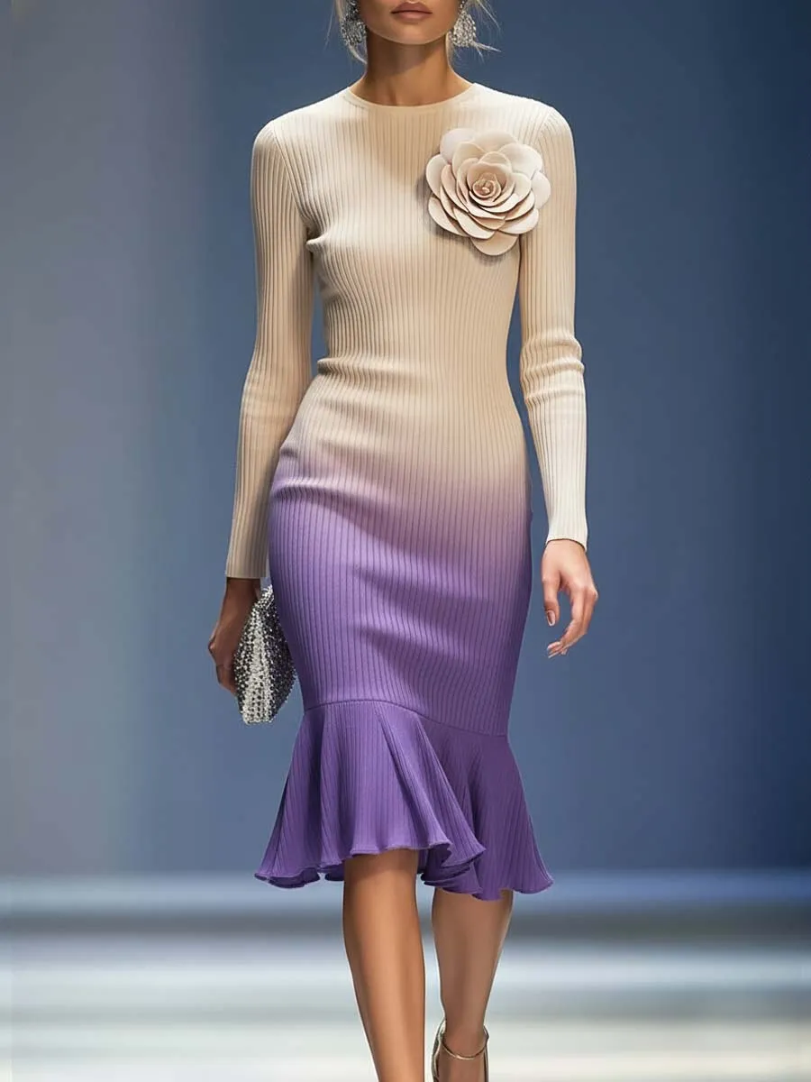 Elegant Three-dimensional Floral Decoration Beige And Purple Knitted Midi Dress sold by Oyrosy product image thumbnail 2