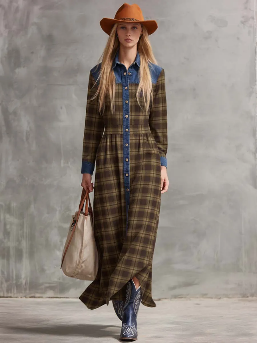 Vintage Fashion Western Denim Lapel Front Button Brown Plaid Maxi Dress sold by Oyrosy product image thumbnail 2