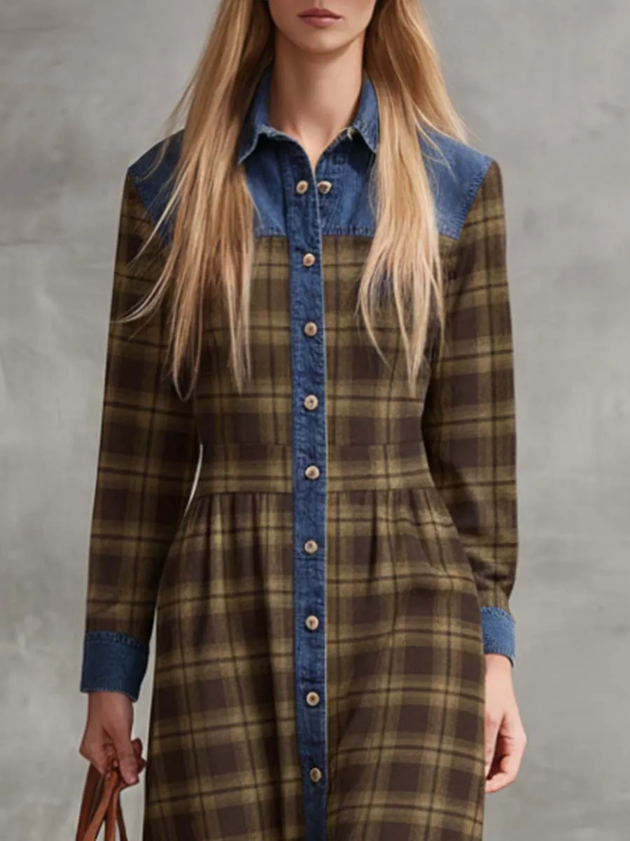 Vintage Fashion Western Denim Lapel Front Button Brown Plaid Maxi Dress sold by Oyrosy product image thumbnail 3