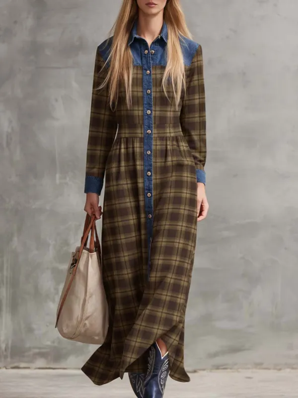 Vintage Fashion Western Denim Lapel Front Button Brown Plaid Maxi Dress sold by Oyrosy