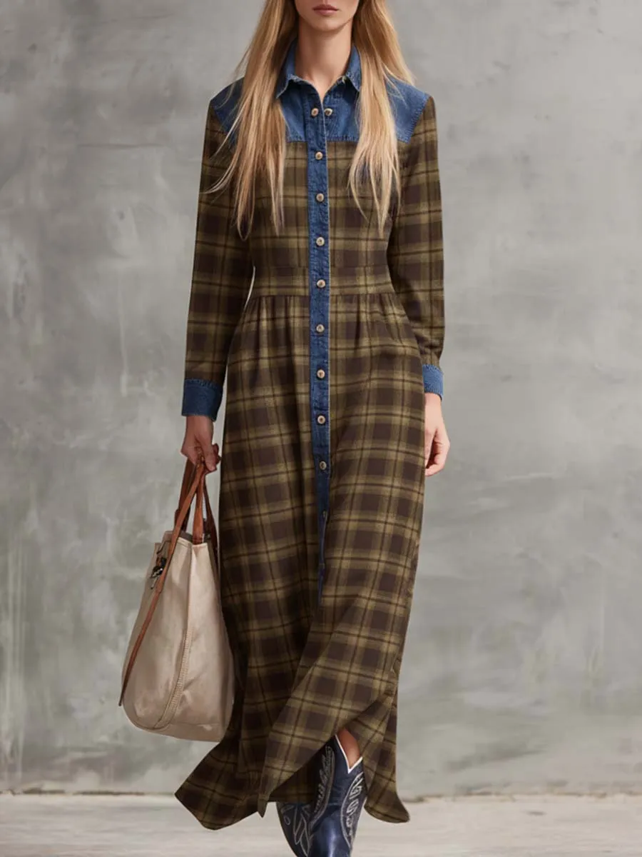 Vintage Fashion Western Denim Lapel Front Button Brown Plaid Maxi Dress sold by Oyrosy