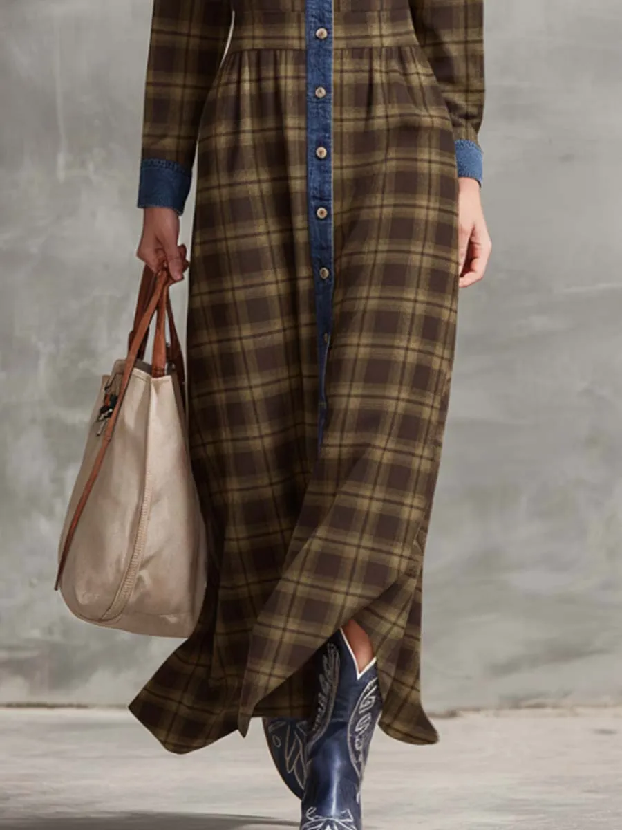 Vintage Fashion Western Denim Lapel Front Button Brown Plaid Maxi Dress sold by Oyrosy product image thumbnail 4