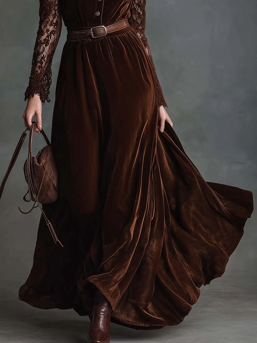 Elegant Retro Western Stand-up Collar Front Button Brown Lace And Velvet Maxi Dress sold by Oyrosy product image thumbnail 4