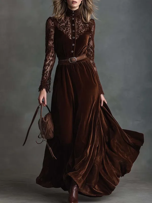 Elegant Retro Western Stand-up Collar Front Button Brown Lace And Velvet Maxi Dress sold by Oyrosy