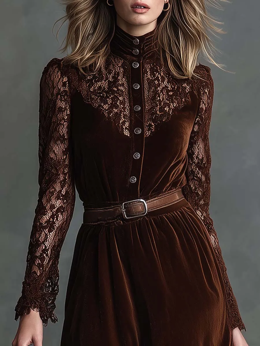 Elegant Retro Western Stand-up Collar Front Button Brown Lace And Velvet Maxi Dress sold by Oyrosy product image thumbnail 3