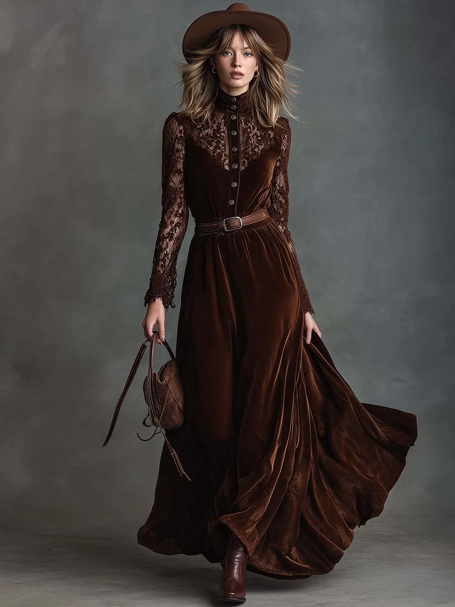 Elegant Retro Western Stand-up Collar Front Button Brown Lace And Velvet Maxi Dress sold by Oyrosy product image thumbnail 2