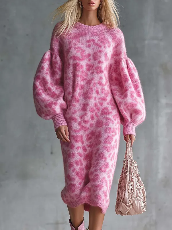 Casual Fashion Retro Crew Neck Puff Sleeves Pink Leopard Print Knit Midi Dress sold by Oyrosy