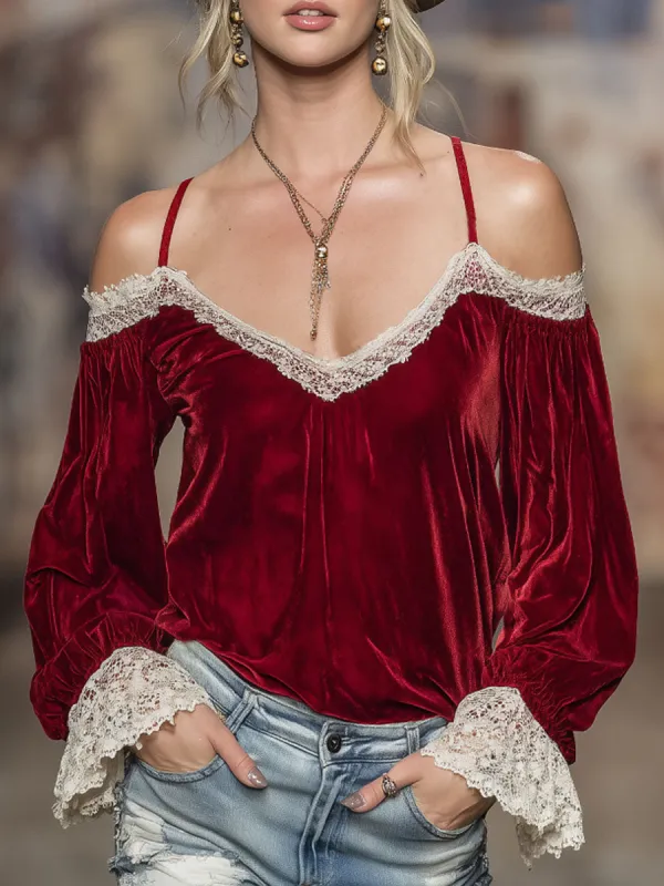 V-neck Off-shoulder Velvet And Lace Trim Long-sleeved T-shirt sold by Oyrosy