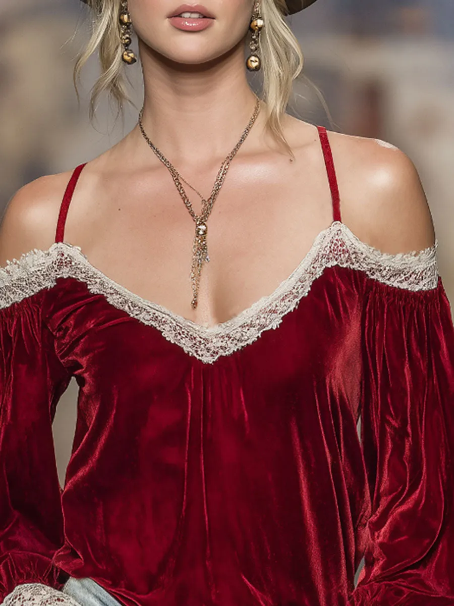 V-neck Off-shoulder Velvet And Lace Trim Long-sleeved T-shirt sold by Oyrosy product image thumbnail 2