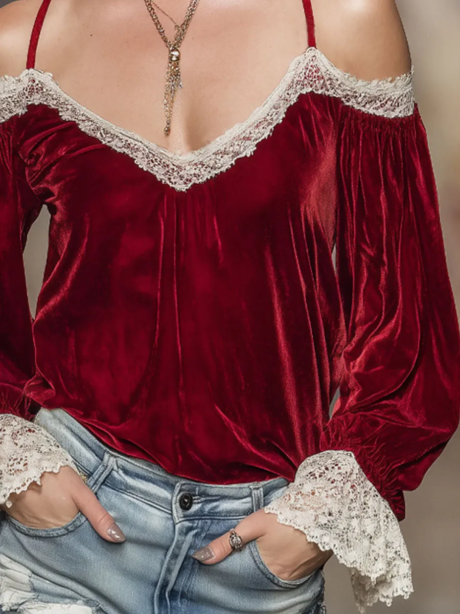 V-neck Off-shoulder Velvet And Lace Trim Long-sleeved T-shirt sold by Oyrosy product image thumbnail 3