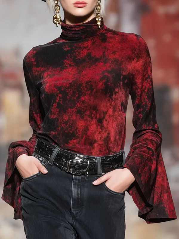 Retro High-neck Printed Velvet Flared Long-sleeved T-shirt sold by Oyrosy