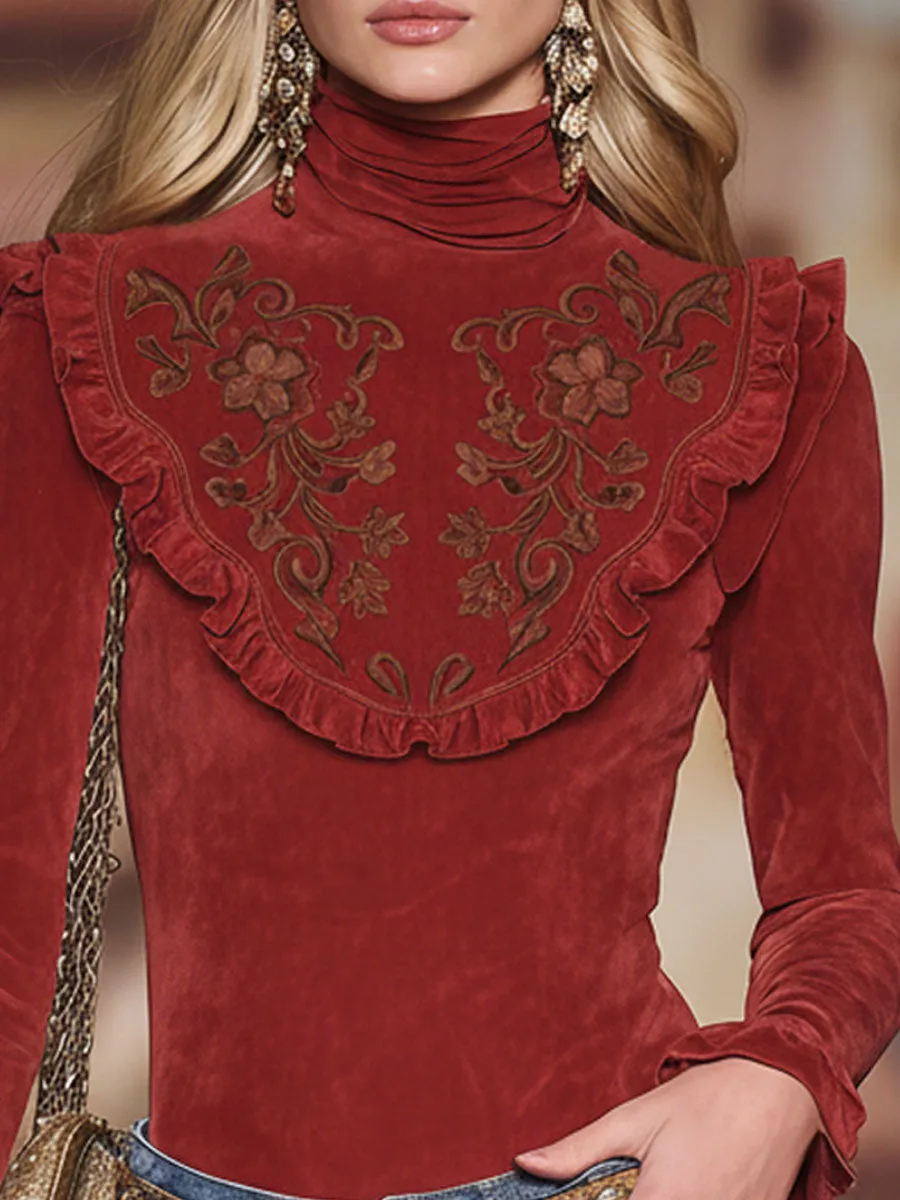 Retro High-neck Embroidered Ruffle Faux Suede Long-sleeved T-shirt sold by Oyrosy product image thumbnail 2